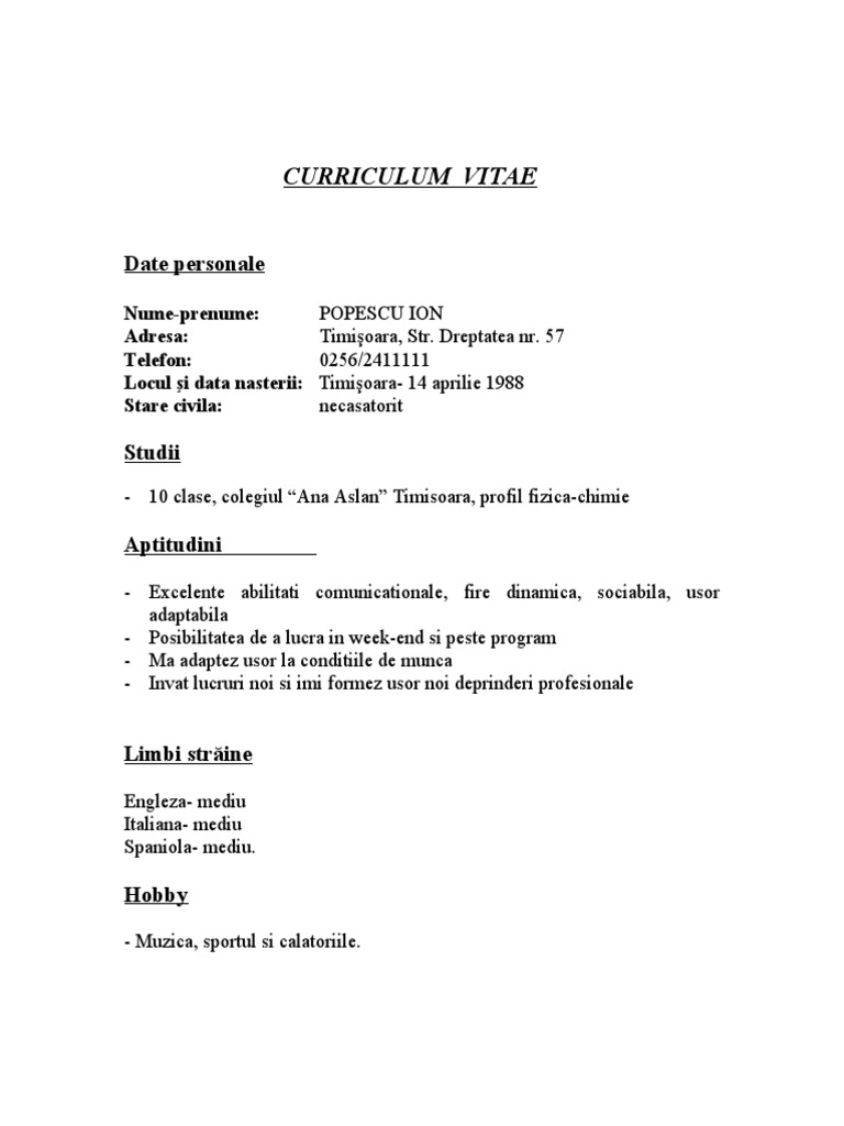curriculum vitae in limba engleza completat curriculum vitae in limba engleza completat